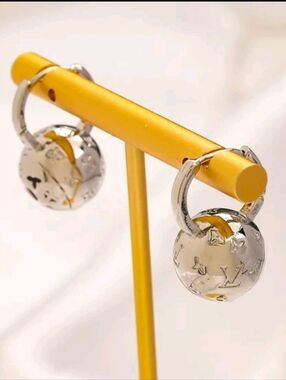 Designer Inspired Luxury Round Monogram Drop Hoop Earrings - Silver NEW